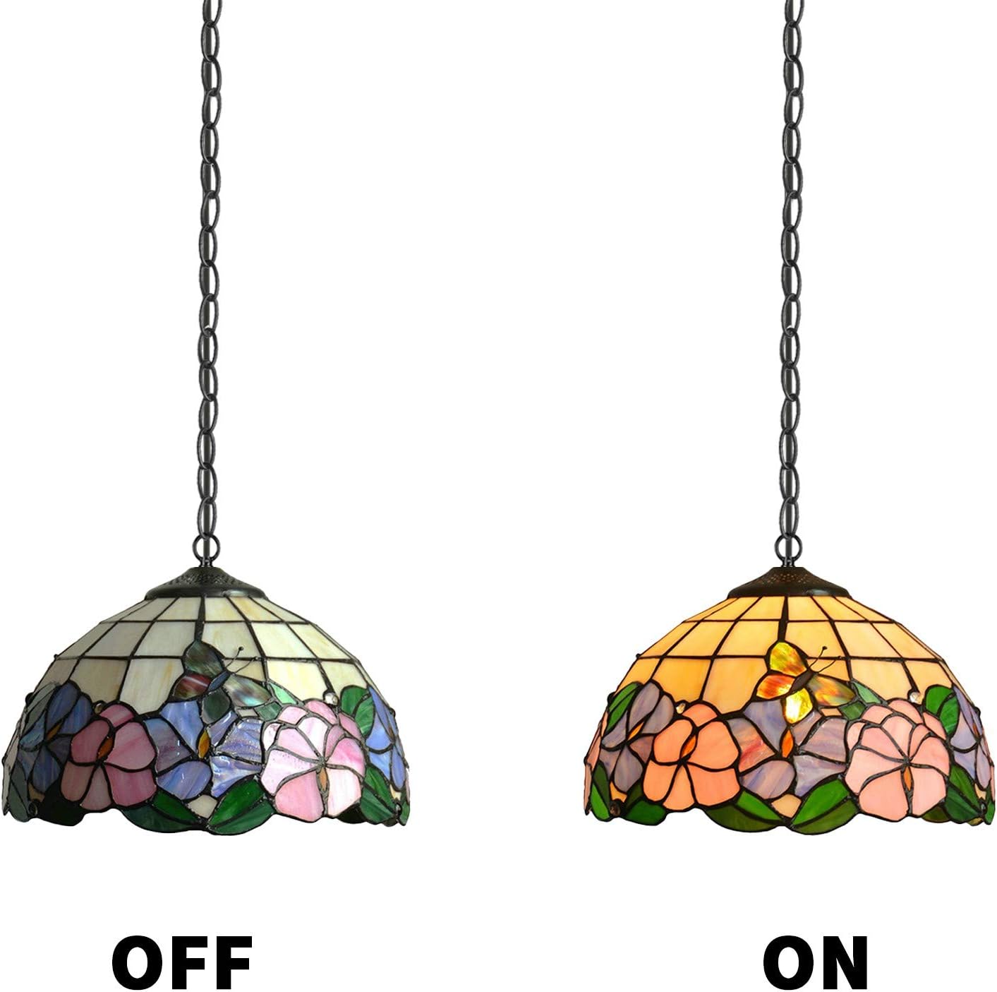 1-Lamp Pastoral Tiffany Chandelier 15Ft UL Dimmable Switch Cord Iron Chain E26 Lamp Base Butterfly and Flowers Glass Lampshade Handmade Hanging Light for Farmhouse Bulb Not Included
