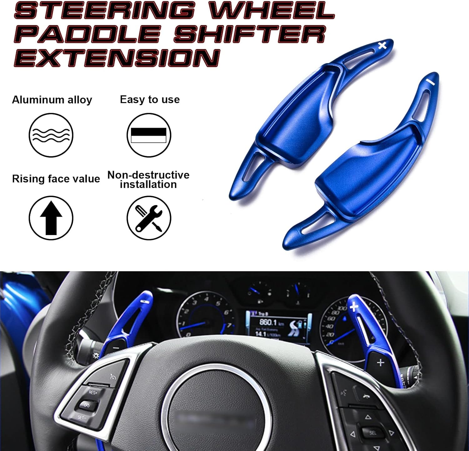 x xotic tech Blue Aluminum Alloy Paddle Shifter Extensions Cover Trim Compatible with Chevy Camaro 6th Gen 2016 2017 2018 2019 2020 2021 2022 2023 2024, C7 Corvette 2014-2019 Interior Accessories