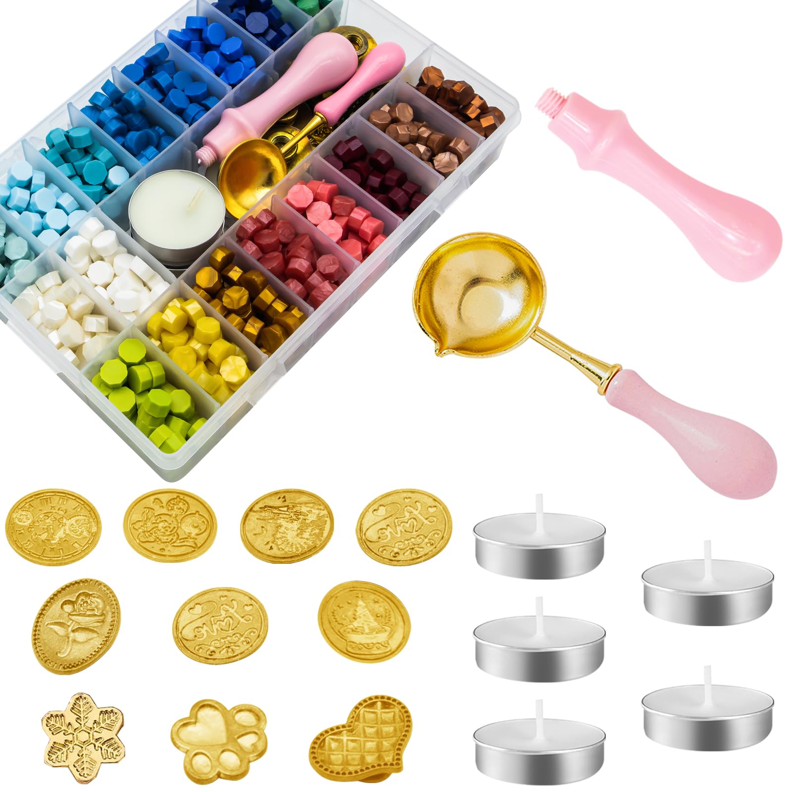 Yauhar 917Pcs Letter Sealing Kit Contains 18 Colors Wax Seal Beads, 10Pcs Stamps with Handle, Wax Spoon and Candle for Christmas Gift Wrapping & Envelope Sealing, Wedding Invitation