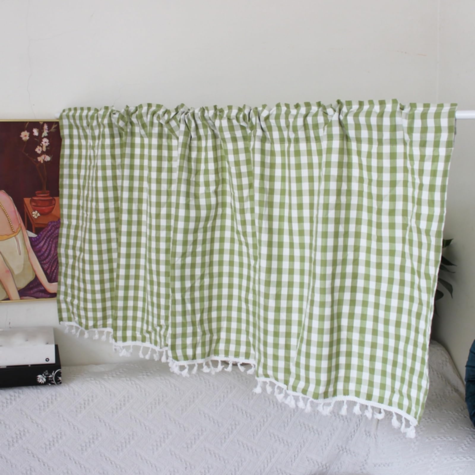 Rideaux de cuisine à carreaux en coton et polyester à passants