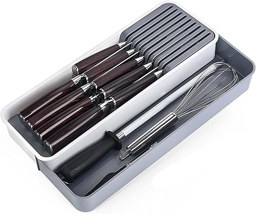 Buildec Organizador de cuchillos de cajón, soporte para cuchillos de cocina con bandeja expandible para cubiertos, bandeja organizadora de cajones