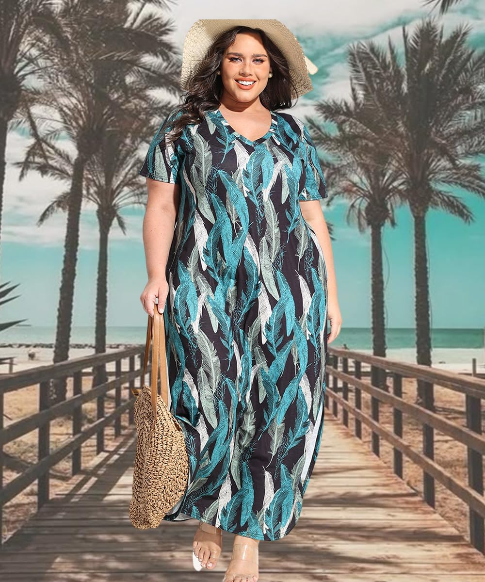 RITERA Plus Size Dresses for Women V Neck Casual Loose Pocket Short Sleeve Slits Maxi T Shirt Dress Summer Sundress XL-5XL - Image 3