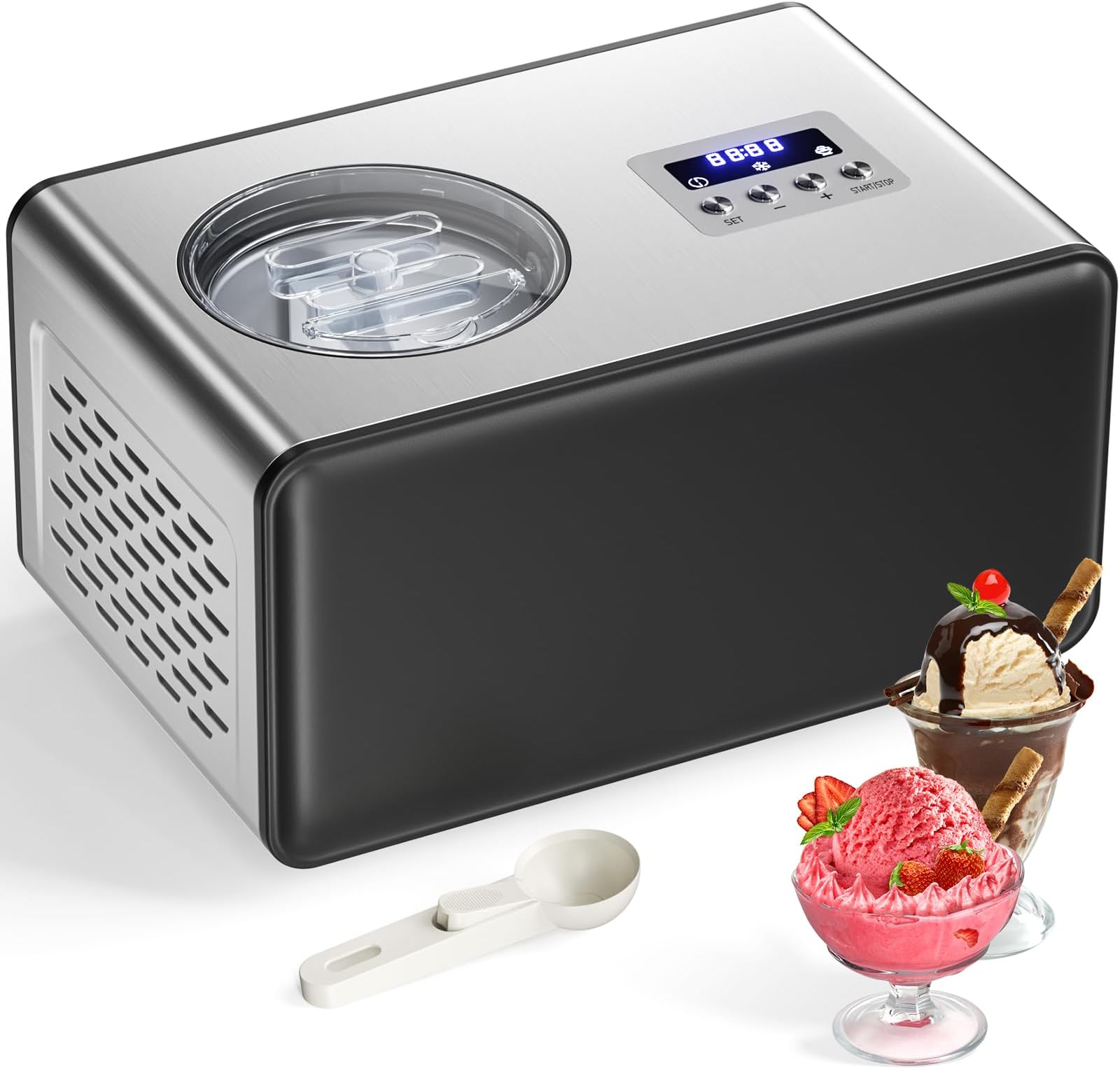 2L Ice Cream Maker with Compressor, No Pre-freezing Ice Cream Machine, 3 in 1, Button Control Panel & Timer, Homemade Ice Cream/Gelato/Sorbet/Frozen Yoghurt