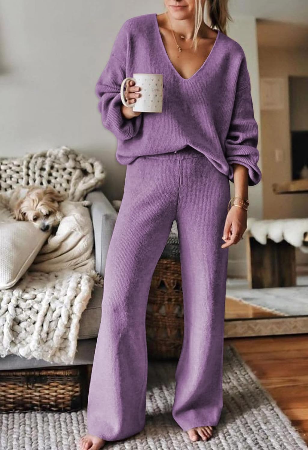 Fixmatti Women 2 Piece Knit Set Long Sleeve Pullover Sweater Top Wide Leg Pant Sweatsuit Outfits - Image 2