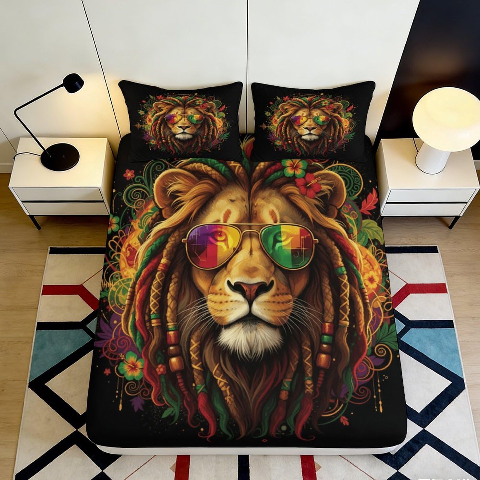 Pnayamiorkfel Style-10 3D Printed Lion Sunglasses Fitted Sheet Microfiber Vibrant Rasta Dreadlocks Bed Cover For Bedroom Decor Mattress Protection 90X200x25cm
