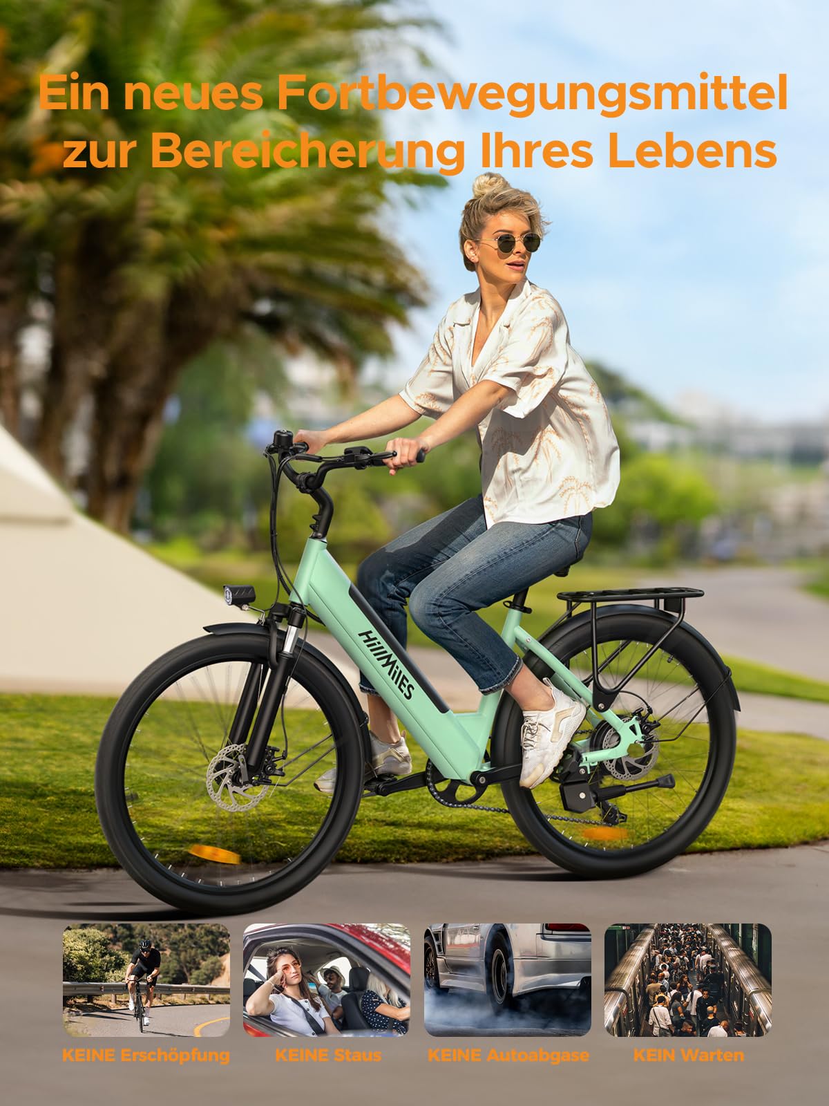 HillMiles Elektrofahrrad für Erwachsene, 26 Zoll, 7 Geschwindigkeiten, Elektrofahrrad mit 36 V, 13 Ah, abnehmbarer Akku, 25 km/h & Autonomie von 80 – 100 km E-Bike für Stadtpendler, IP65 wasserdicht