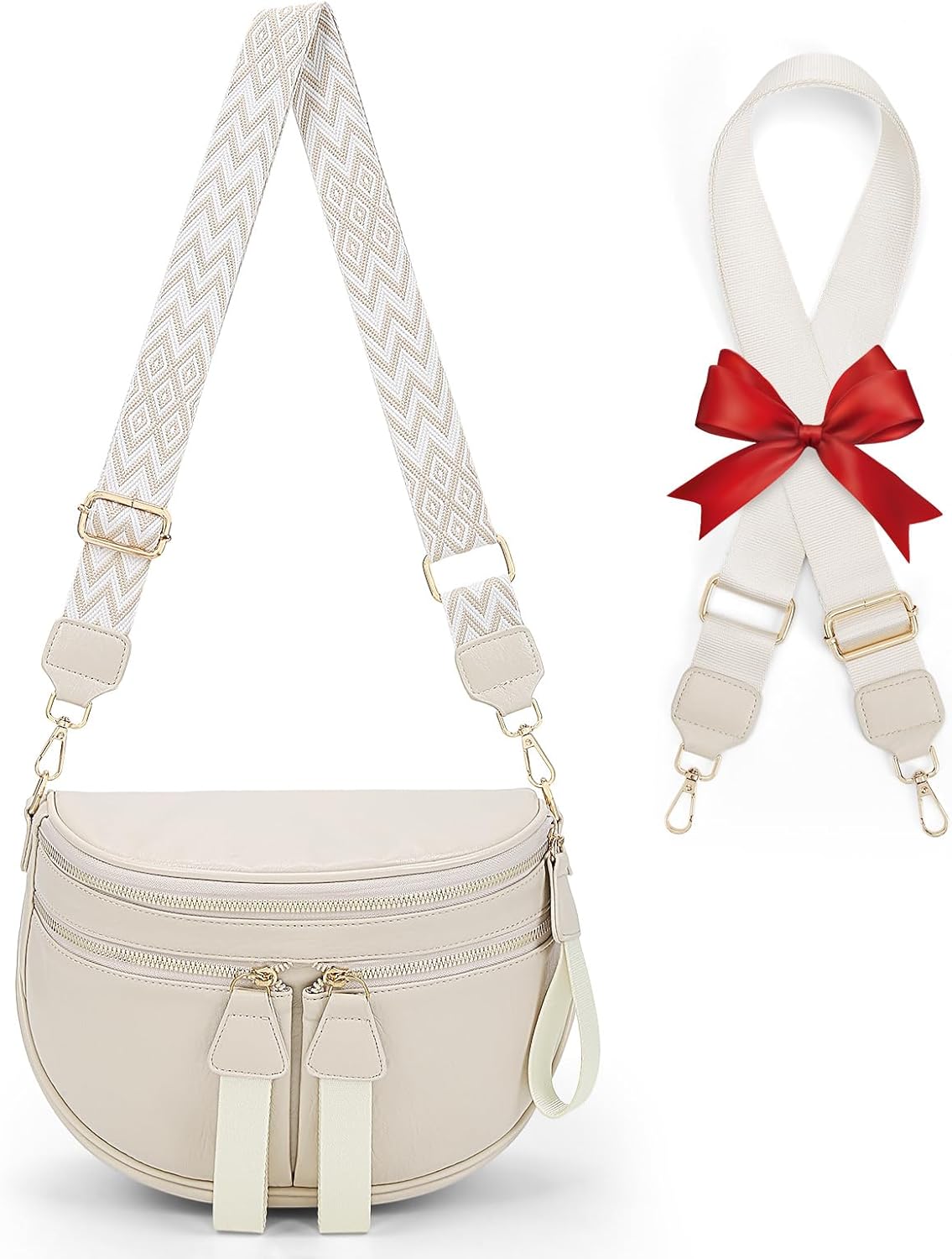 Large Leather Bum Bag for Women Crossbody Fanny Packs Large Sling Bag Purse with 2pcs Adjustable Strap Leather Belt Wallet (White)