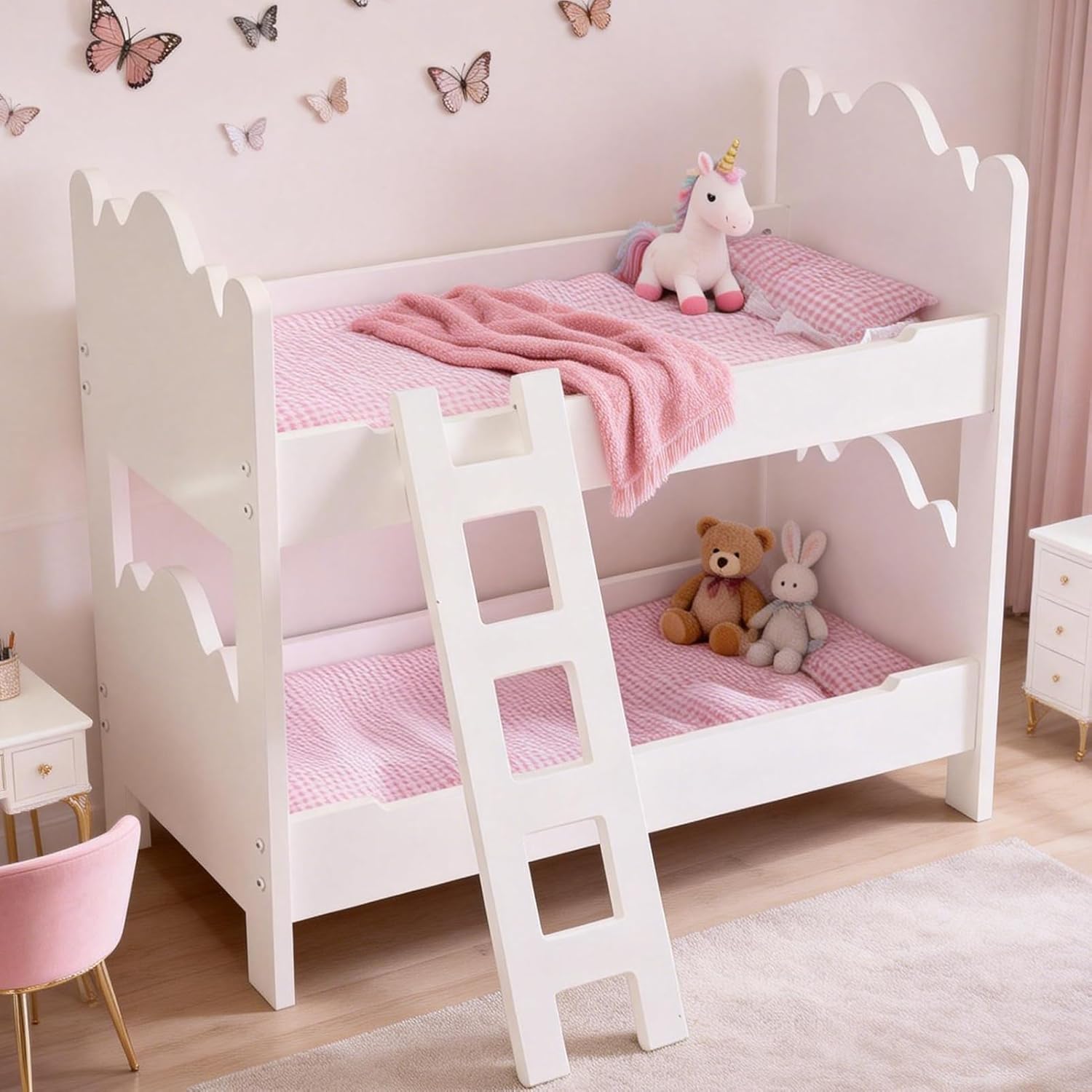 Doll Bunk Bed, Wooden Doll Bed for 18 Inch Dolls with Ladder & Pink Bedding, Easy Assembly American Girl Doll Furniture, White and Pink Pretend Play for Kids