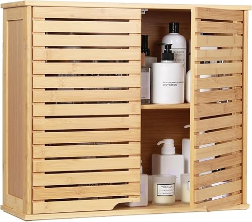 HYNAWIN Bathroom Wall Mounted Bamboo Storage Cabinet with Double Doors, 2-Tier Adjustable Shelf, Over Toilet Organizer for Bathroom, Kitchen,
