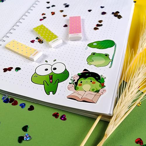 Miniatura 5 de BulbaCraft Conjunto de calcomanías de ranas kawaii, 50 piezas de vinilo verde y blanco para niños, impermeable, resistente a los arañazos, uso en