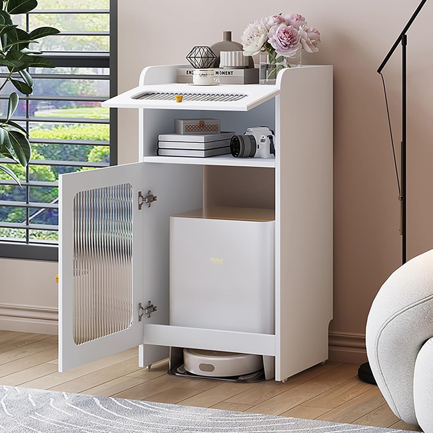 White Movable Robot Vacuum Stand Cabinet, Solid Wood Storage Rack with Wheels, Hidden Sweeping Robot Holder, Side Storage Unit with Door for Bedroom, Living Room, Entryway (50x40x92cm)