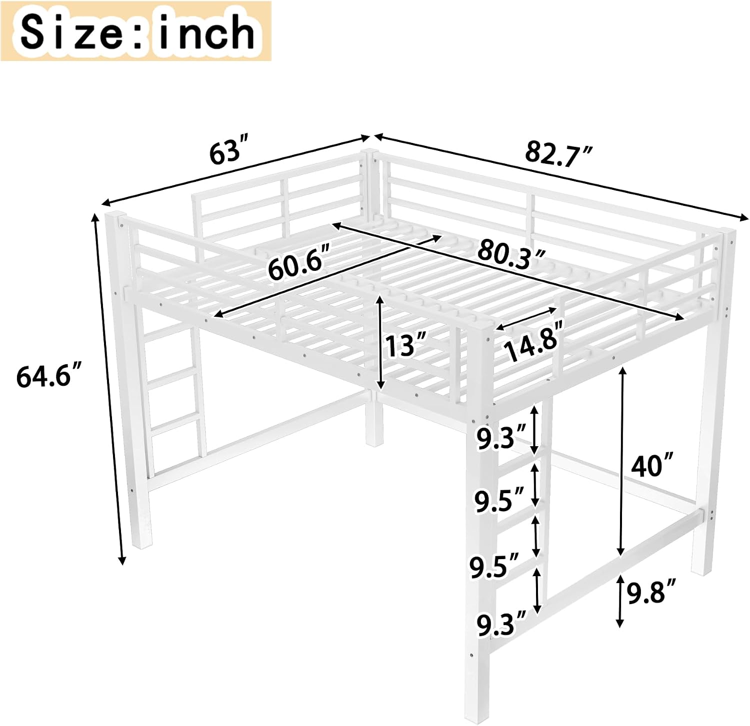 Bellemave Queen Size Loft Bed with 2 Ladder and Guardrails, Metal Loft Bed Frame, for Adults, Kids, Teens, White