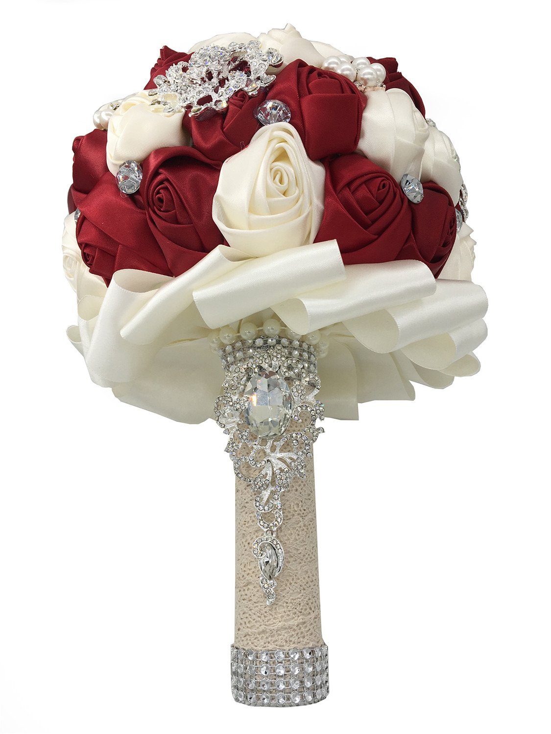 Zinsale Seta Lusso Shinny Fatto a Mano Strass Nuziale Bouquet da Sposa Diamante Tenendo Il Fiore (Vino Rosso + Oro + Crema