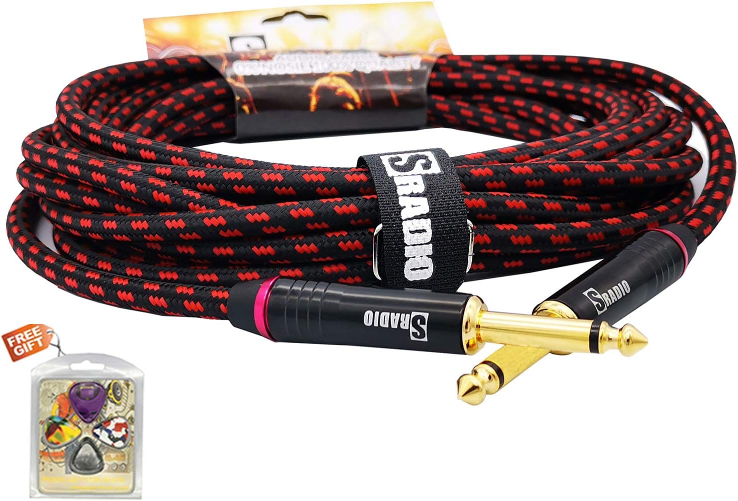 Guitar Instrument Cable 10 Foot, AMP Cord Straight 1/4-Inch TS to Straight 1/4-Inch TS Guitar Cable 10FT with Red Tweed Cloth for Electric Guitar，Bass，Keyboard
