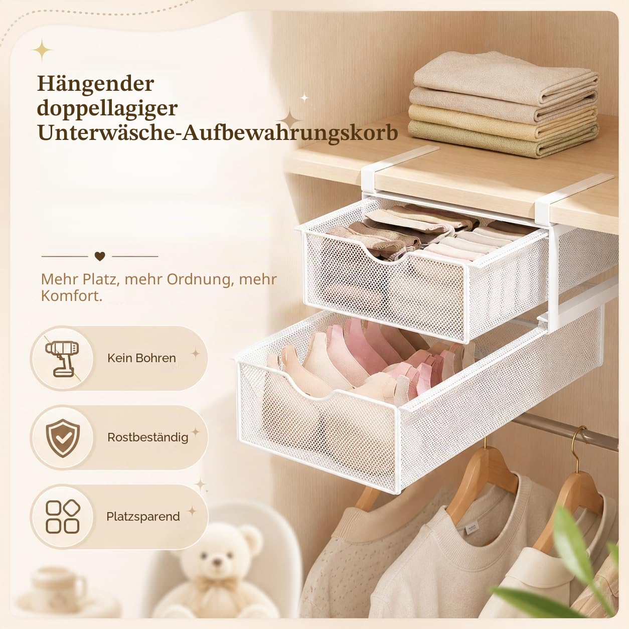 Unterwäsche-Schubladen-Organizer für Schrank, Hängender Ausziehbarer BH-Socken-Lingerie-Aufbewahrungskorb - Doppelschichtiger Mesh-Unterwäsche-Organizer
