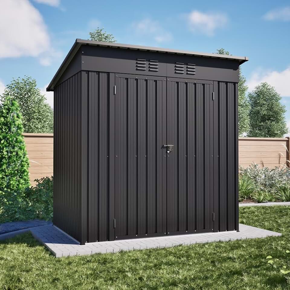 Durable Outdoor Storage Shed for Garden Tools, Bikes, and Lawn Equipment – Weather-Resistant Metal Structure with Secure Door (6x4 ft Black with Floor Frame)