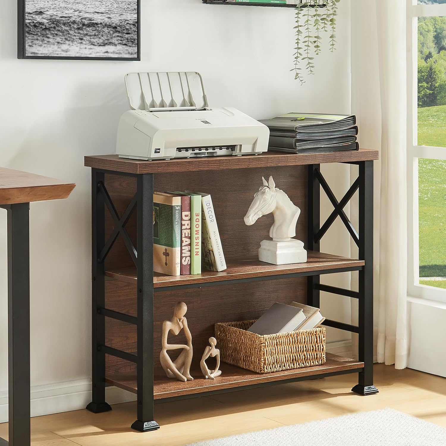 HOMBAZAAR 3-Tier Small Bookshelf, 35.4 Inch Short Book Shelf with Sturdy Metal Frame & Wood Shelves, Rustic Brown Industrial Bookcase for Living Room, Bedroom, Office