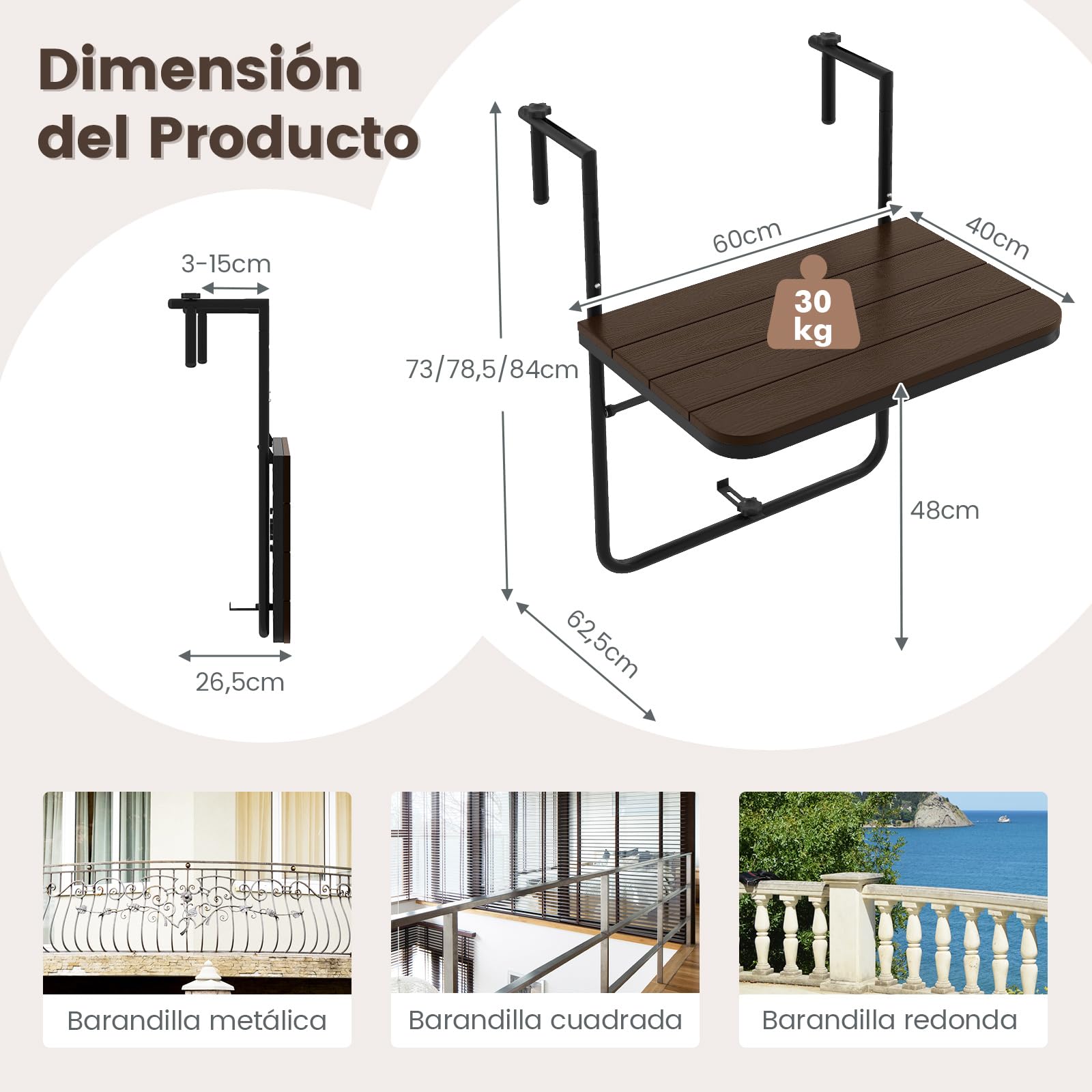 COSTWAY Mesa Colgante Plegable de Balcón, Altura Ajustable en 3 Niveles, Barandas de 3-15 cm, Mesa Plegable Balcon, Terraza, 40X60cm, hasta 30kg (café)