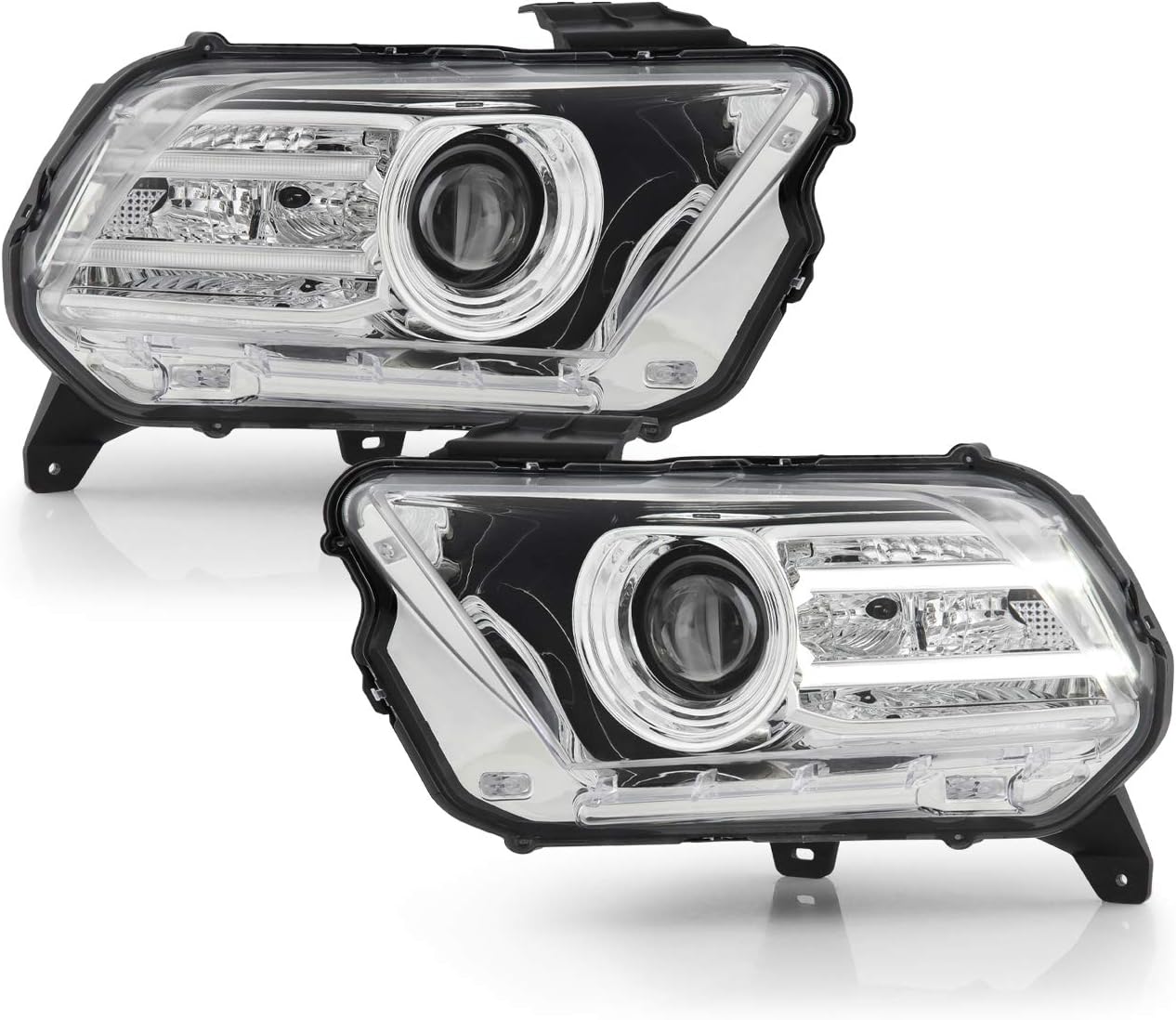AKKON - For 2010-2014 Ford Mustang LED Light Bar DRL Chrom Housing Projector Headlights Left + Right