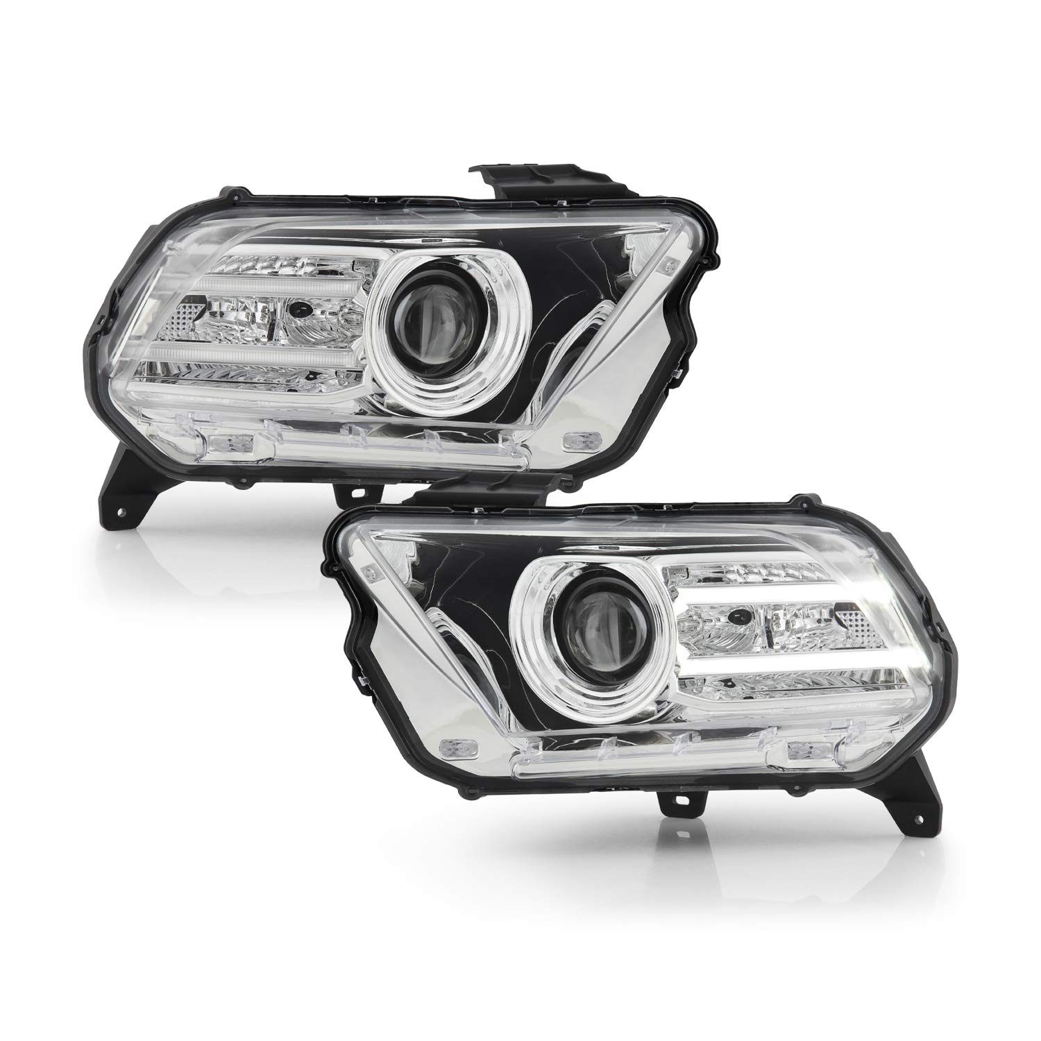 AKKON - For 2010-2014 Ford Mustang LED Light Bar DRL Chrom Housing Projector Headlights Left + Right