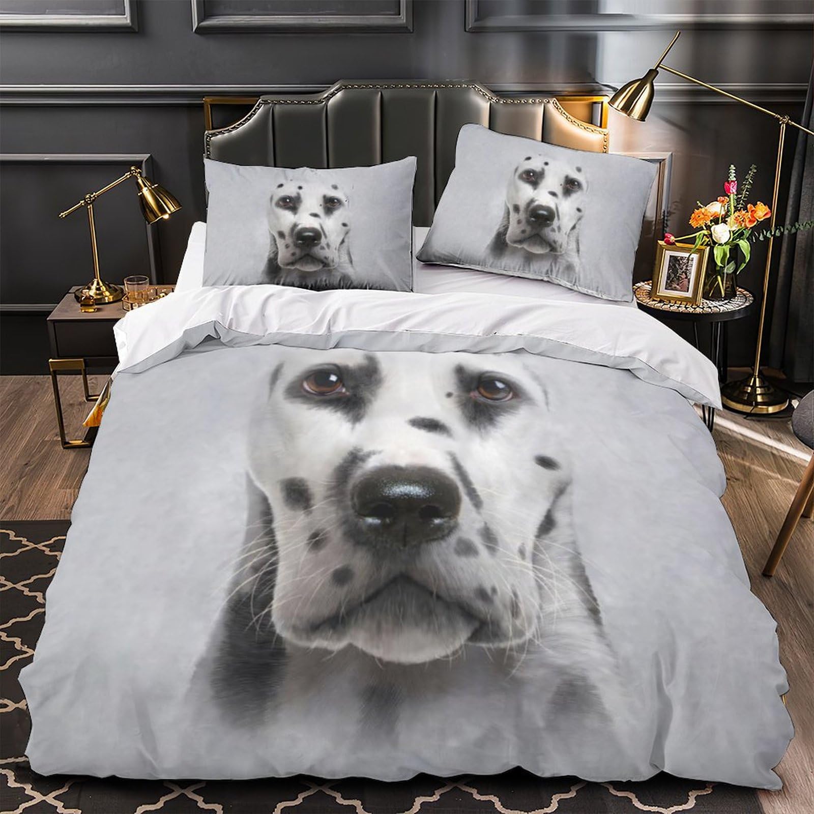 Housse de couette Dalmatien anti-glissement avec zip pour lit Super King