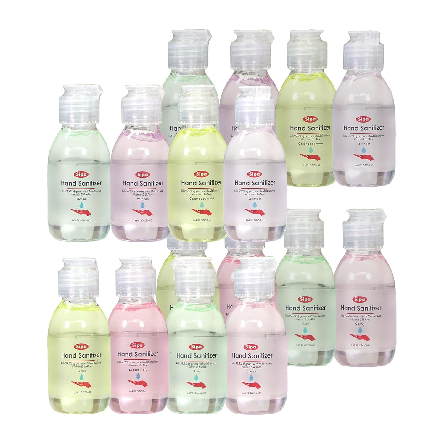 SIPA Hand Sanitizer 1.69 oz/ 50 ml, Gift Box, 8 Scent, Travel Size, Flip Cap Bottle each, Refreshing Soothing Gel with Aloe, and Vitamin E (Pack of 16)
