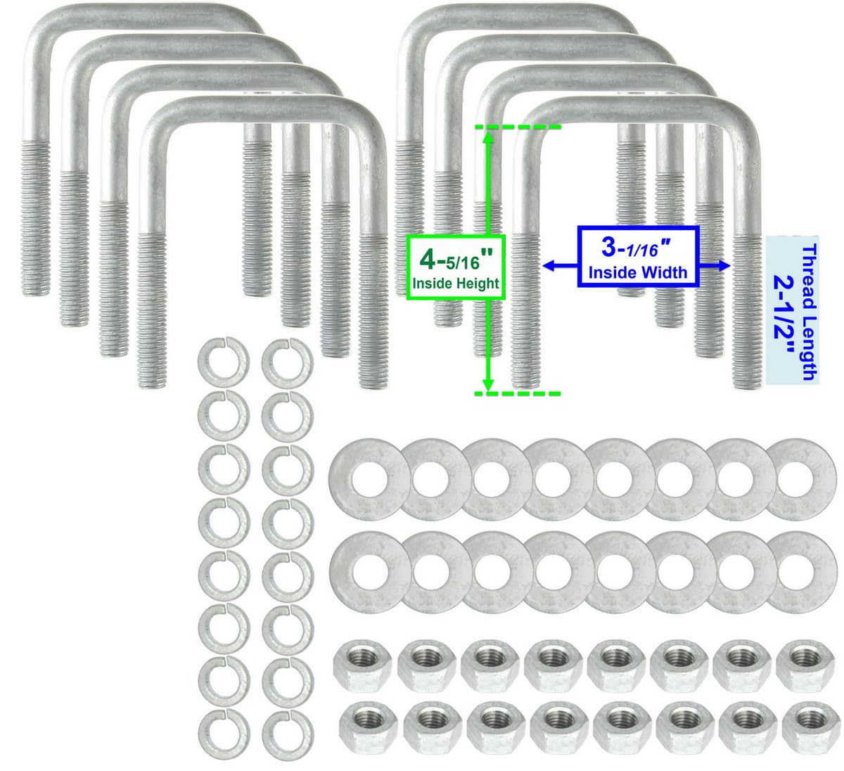 FASTENTRIC (8) Hot Dipped Galv Square 1/2" Dia. U-Bolts x 3-1/16" Inside Width x 4-5/16" Inside Height & HD Washers, Lock Washers & Nuts for Boat & Utility Trailers Fits Down Over 3" Wide Metal