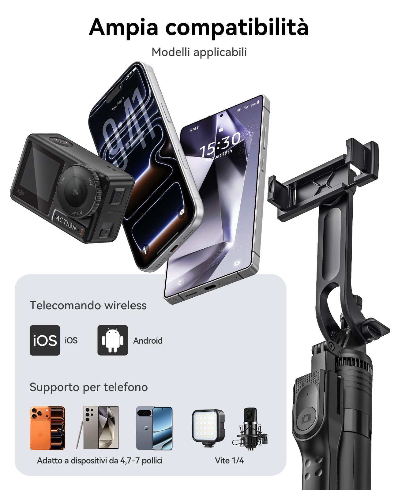 ORICO Treppiede per Smartphone/iPhone Bastone Selfie, Cavalletto con Telecomando Rimovibile, Manico 360° Girevole, 175cm Tripod per Foto di Gruppo, Vlog e Live