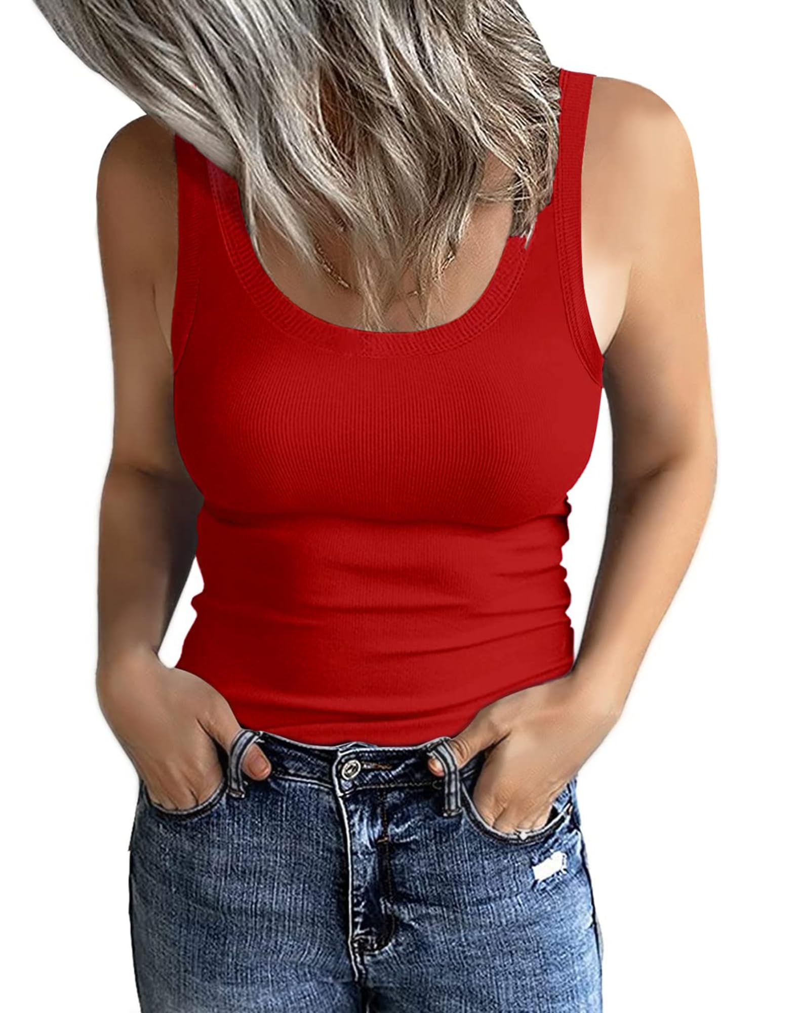 GEMBERA Women's Sleeveless Scoop Neck Ribbed Tank Tops Fitted Basic Cami Tee Shirts, Red, L