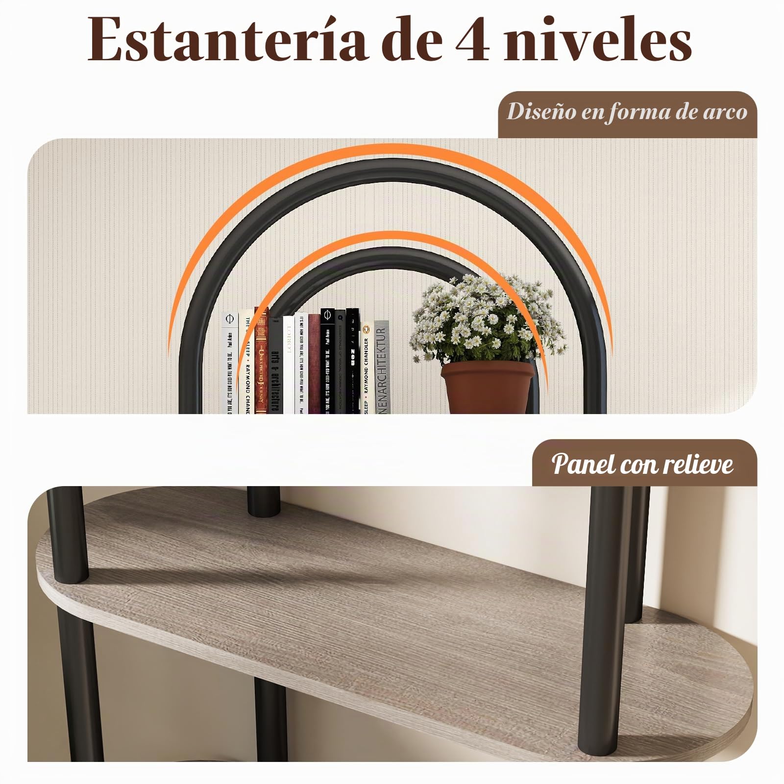 YOSHOOT Librería curva de 4 niveles con marco de metal y estantes de madera, 165,5 cm de alto, ideal para salón, estudio y oficina, 80 x 30 x 165,5 cm (roble gris)