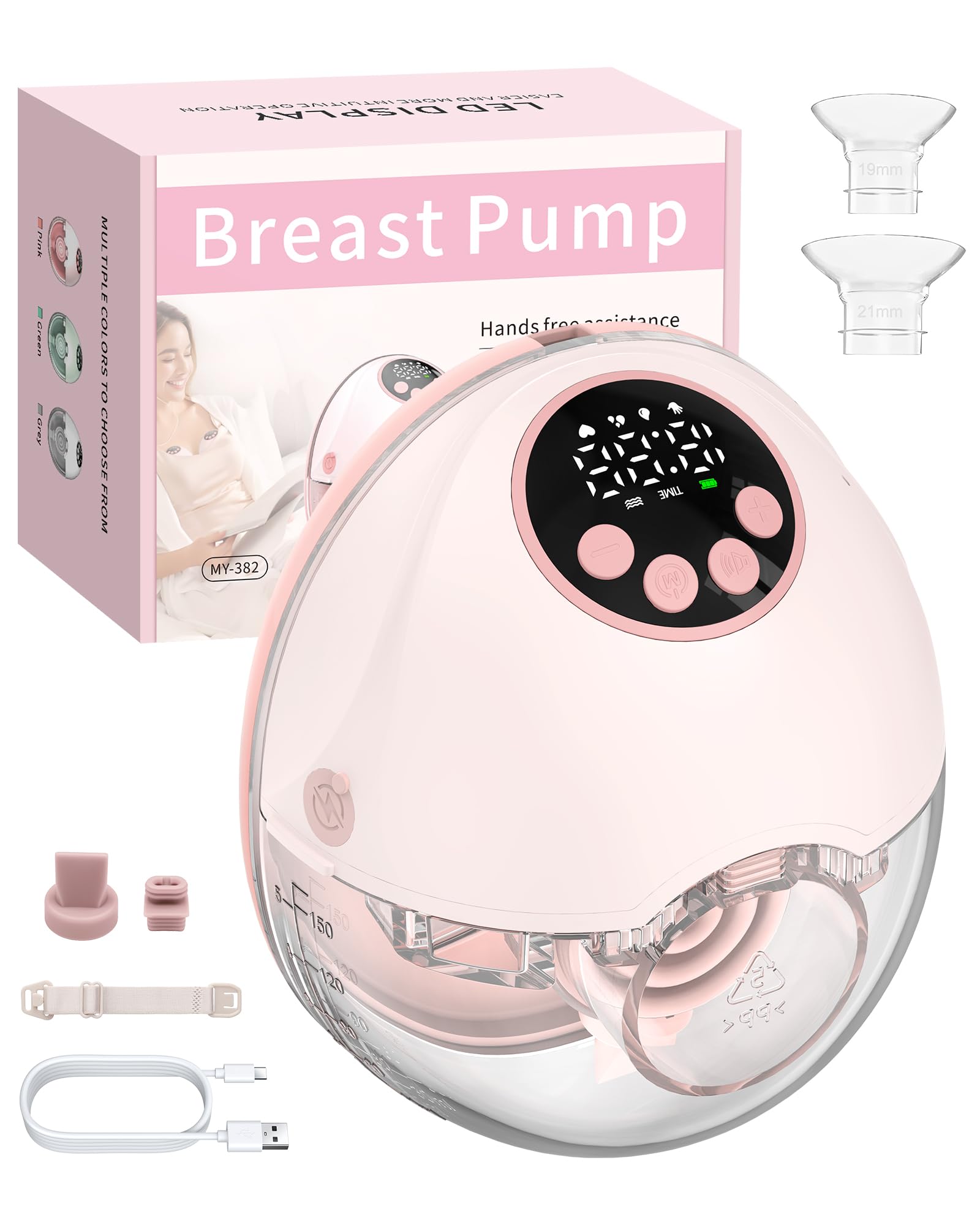 eSynic Tire-lait Électrique Main Libre Portable Diffusion Vocale Détection de Niveau de Lait Anti-éclaboussures 4 Modes 12 Niveaux avec Écran LED Bride 24/21/19mm Pompe Électrique à Lait sans fil-Rose