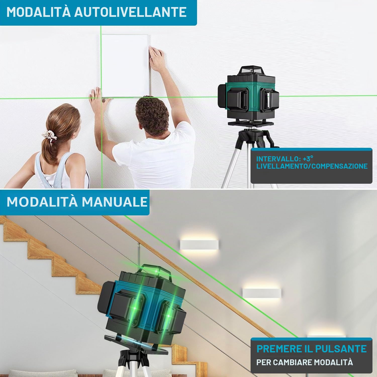 VOBOR Livella Laser con Treppiede, 4D 16 Linee Verde Livello Laser Autolivellante 360 con 2 x 4800mah Batteries, Telecomado, per Lavori Costruzione e Decorazione D'interni