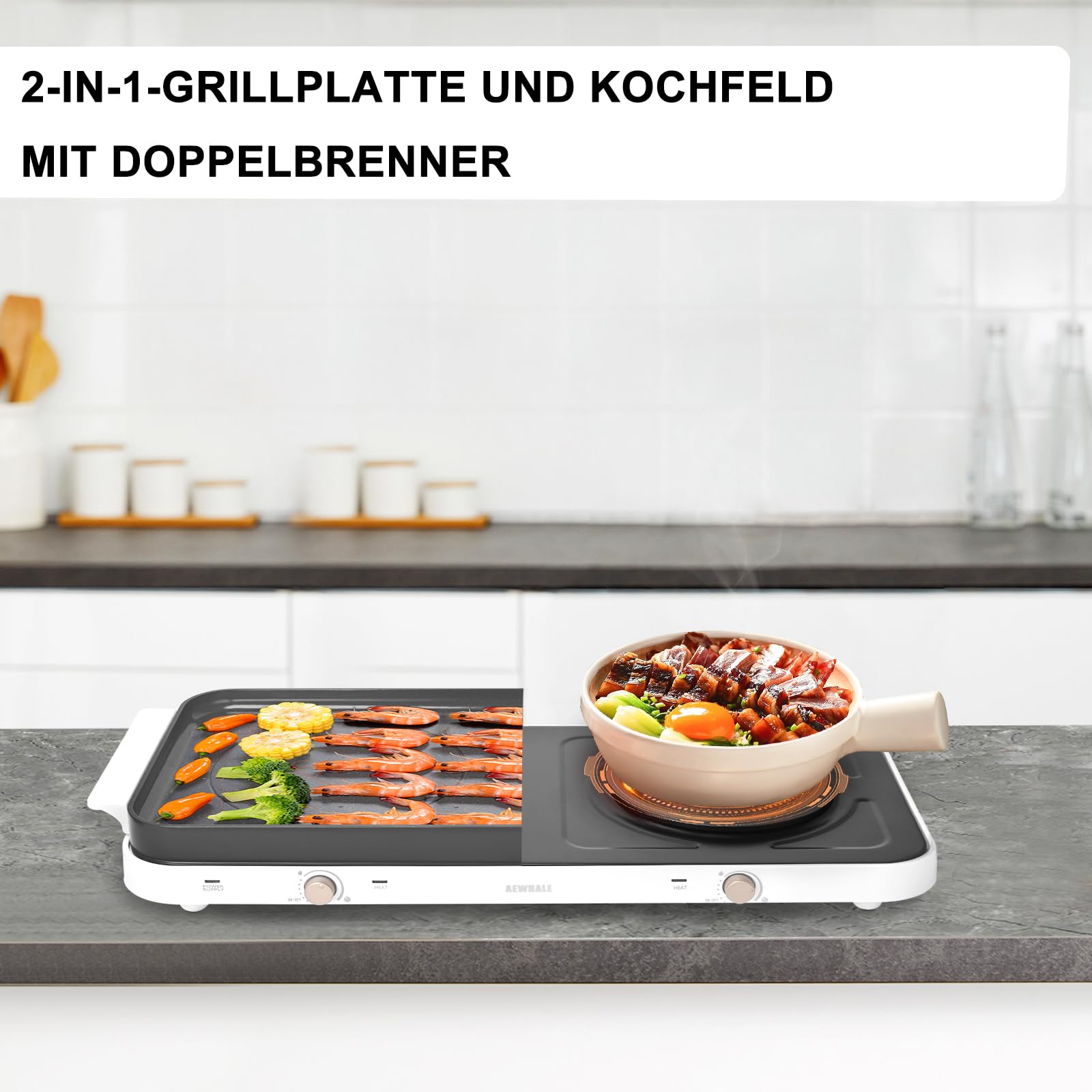 AEWHALE Kochplatten 2er Elektrisch mit abnehmbarer keramischer Griddle-Pfanne Antihaft, 1000W+1000W, Schwarz