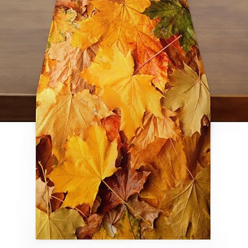 Table Runner Autumn Leaves, Rustic Linen Table Cloth, Kitchen Dining Table Decoration for Home Party Decor 13 x 48 Inches