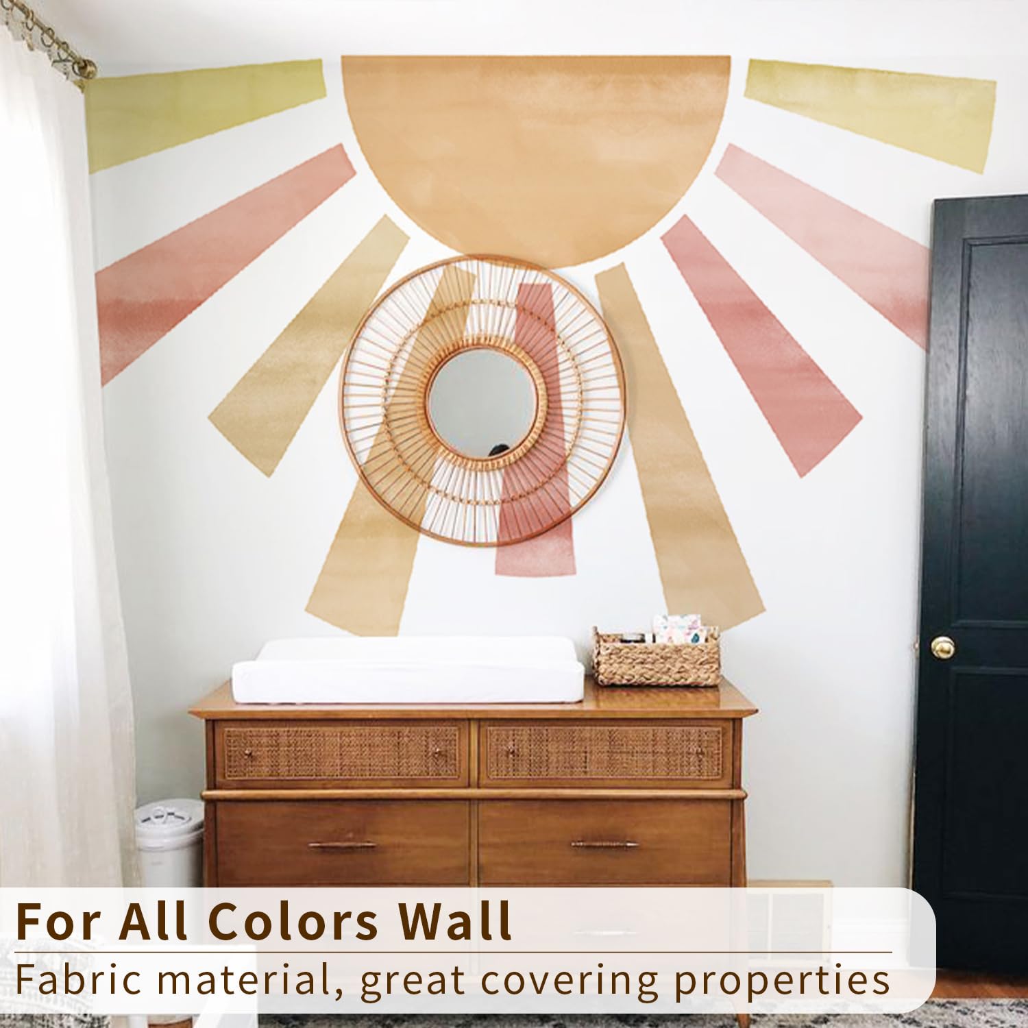 Grand autocollant mural en forme de demi-soleil en tissu aquarelle - Pour chambre d'enfant, salle de jeux, chambre d'enfant