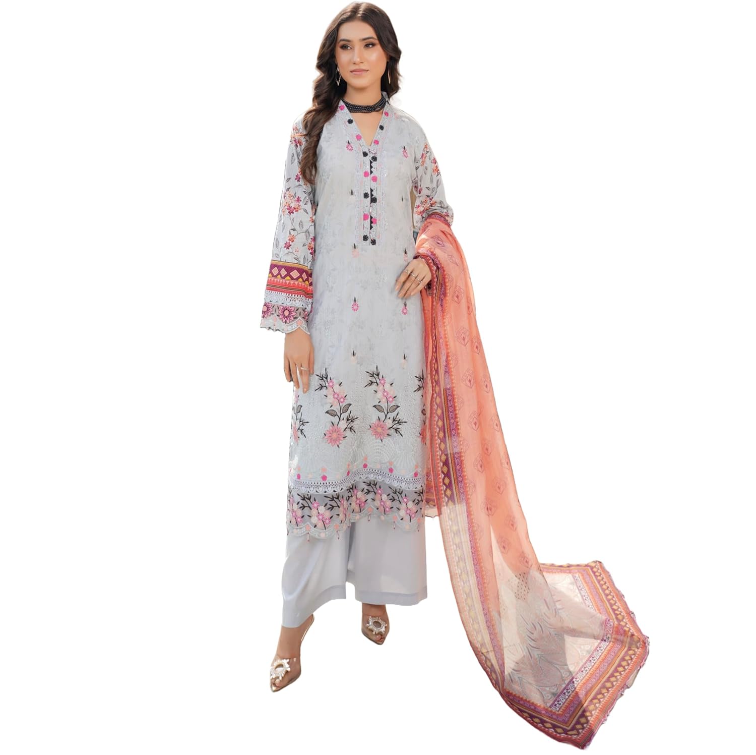 Womens Pakistani Ready to Wear Suit Embroidered Shirt Sleeves Printed Lawn Cotton Trouser Dupatta - C5D3