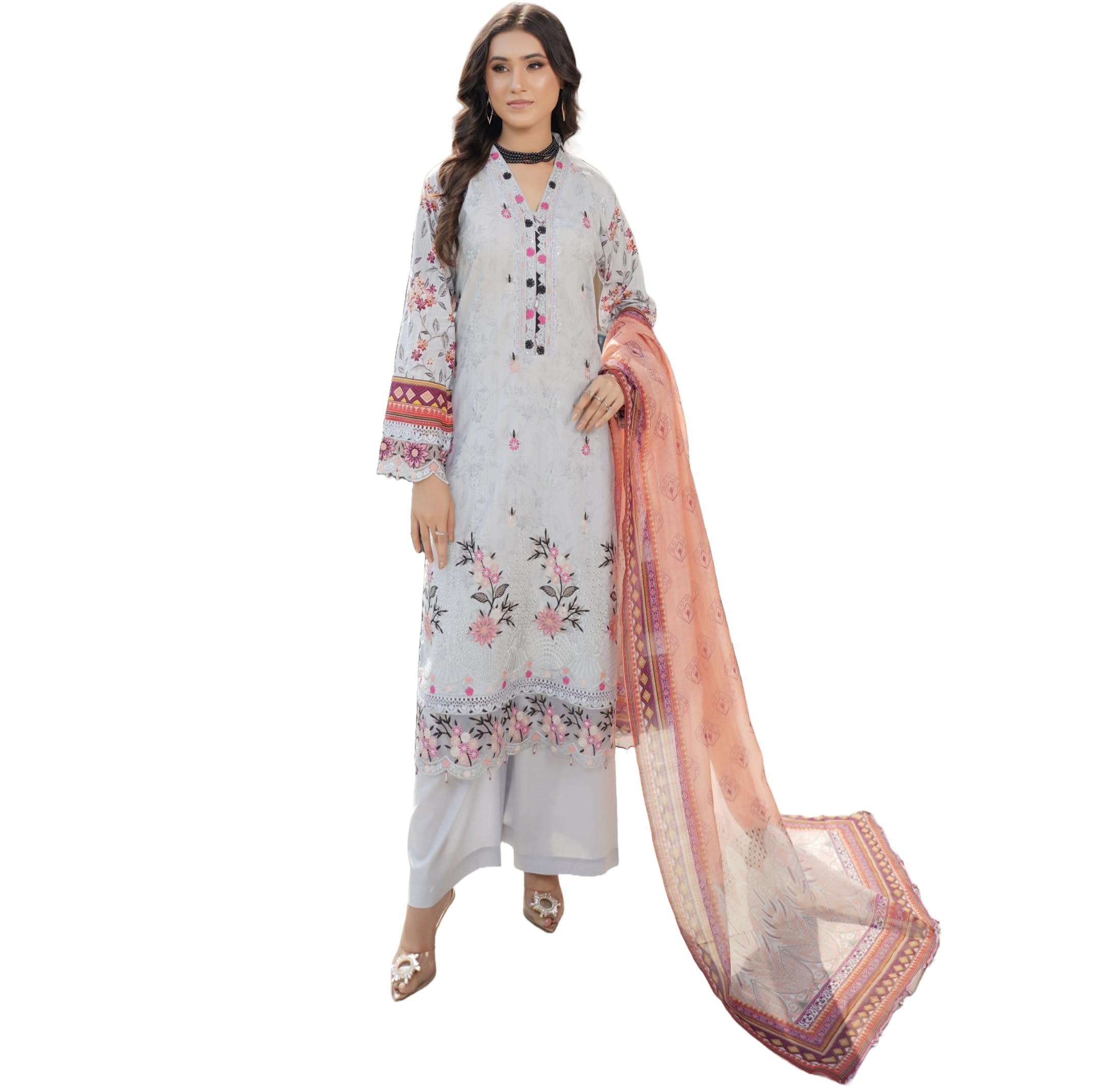 Womens Pakistani Ready to Wear Suit Embroidered Shirt Sleeves Printed Lawn Cotton Trouser Dupatta - C5D3