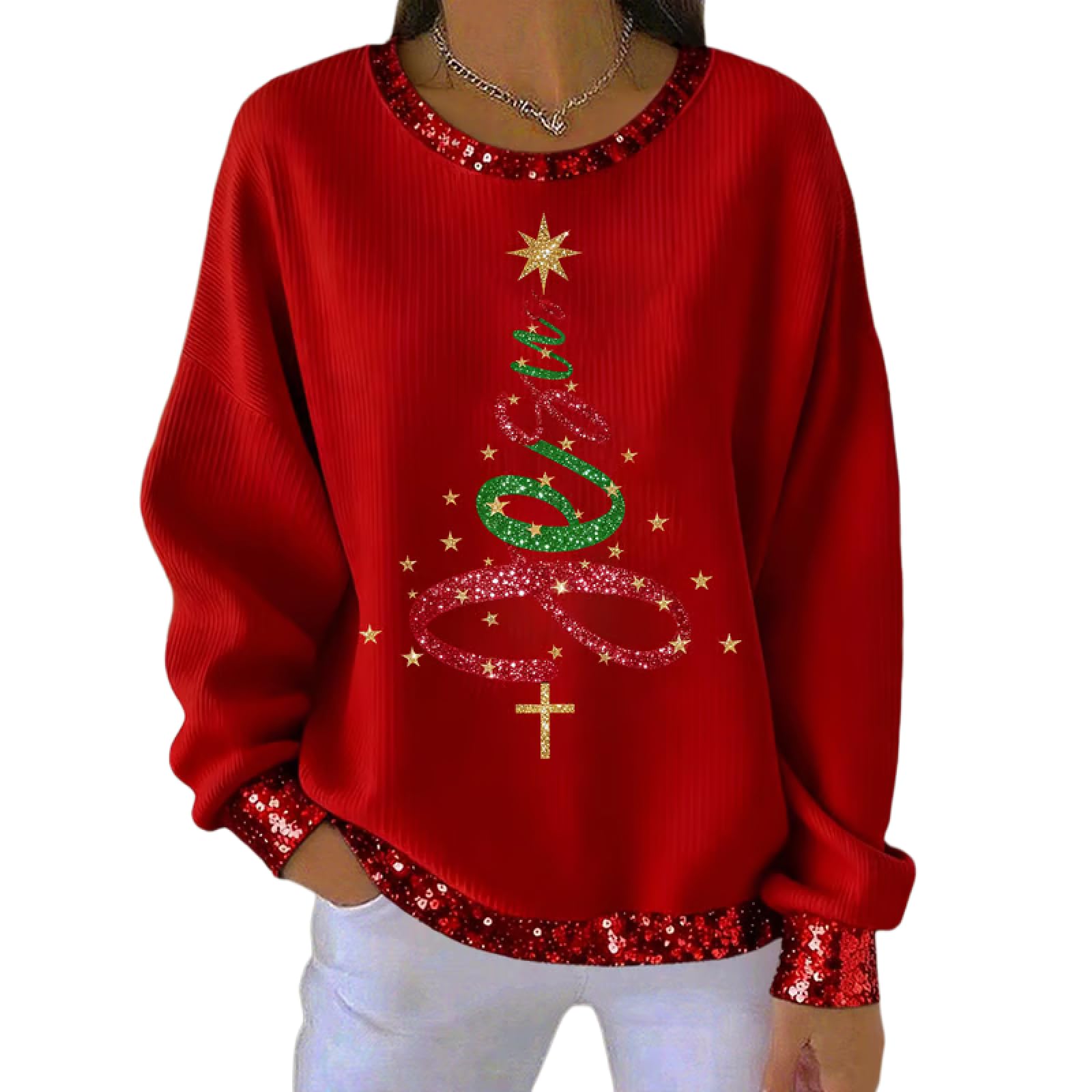 Womens Christmas Sweater with Sequin Trim Red Holiday Pullover with Merry Christmas Tree Festive Long Sleeve Winter Top
