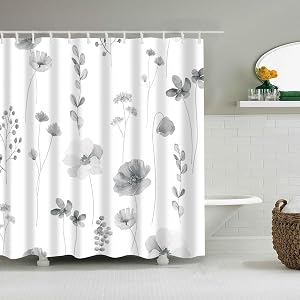 Grey Shower Curtain Watercolor Plant Leaves with Floral Fabric Bathroom Shower Curtain Set with Hooks 72Wx72H(DP2402)