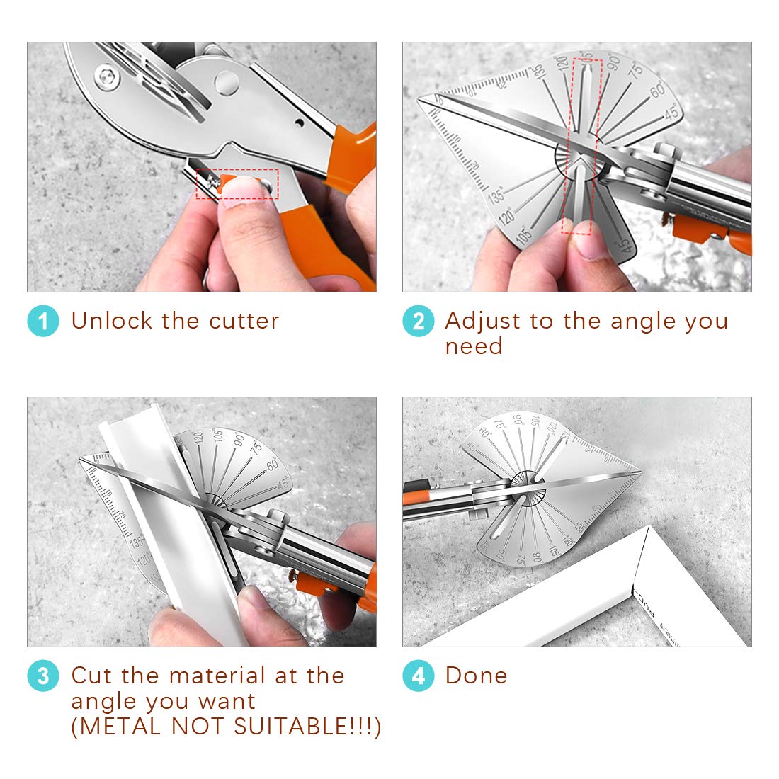 Hilitchi Upgraded Multi Angle Miter Shear Cutter Cuts 45 to 135 Degree Miter Snips Cutting Tool for Small Miter Jobs and DIY Projects with 5 Replacement Blades and Spanner - Image 4