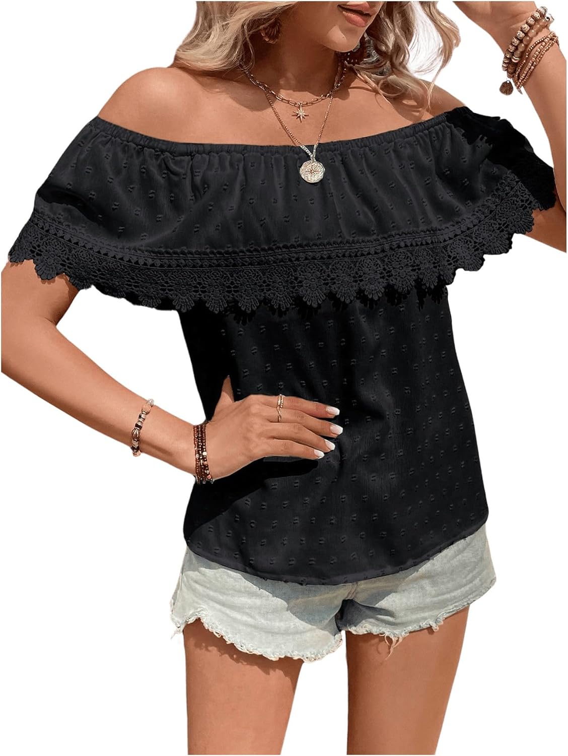 MakeMeChic Women's Off The Shoulder Tops Short Sleeve Loose Lace Summer Top - Image 3