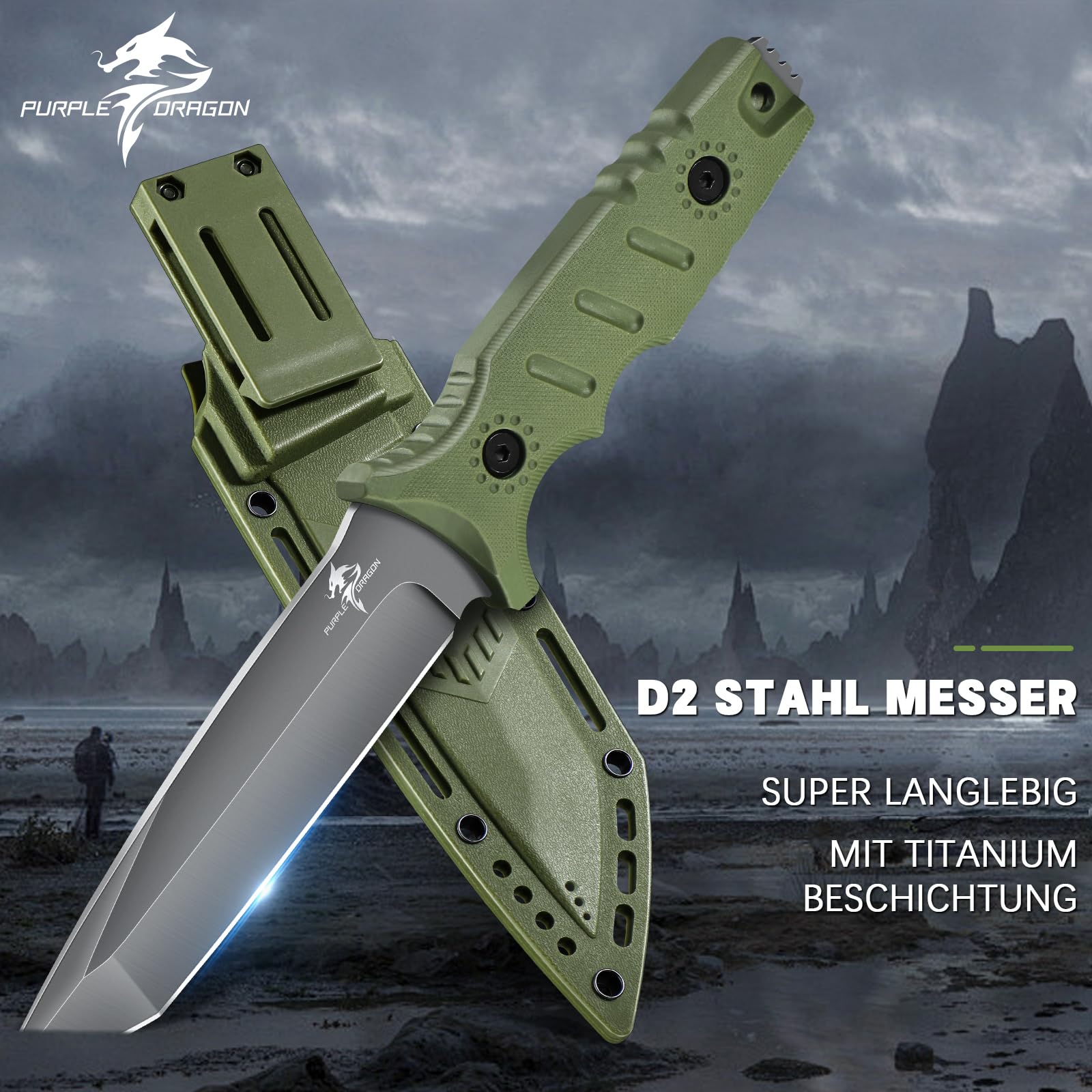 Purple Dragon Outdoor Messer Survival Messer mit Kydex Scheide, Feststehende Klinge aus einem Stück D2 Stahl, Full Tang Bushcraft Messer G10 Griff für Camping, Geschenke für Männer, Grün