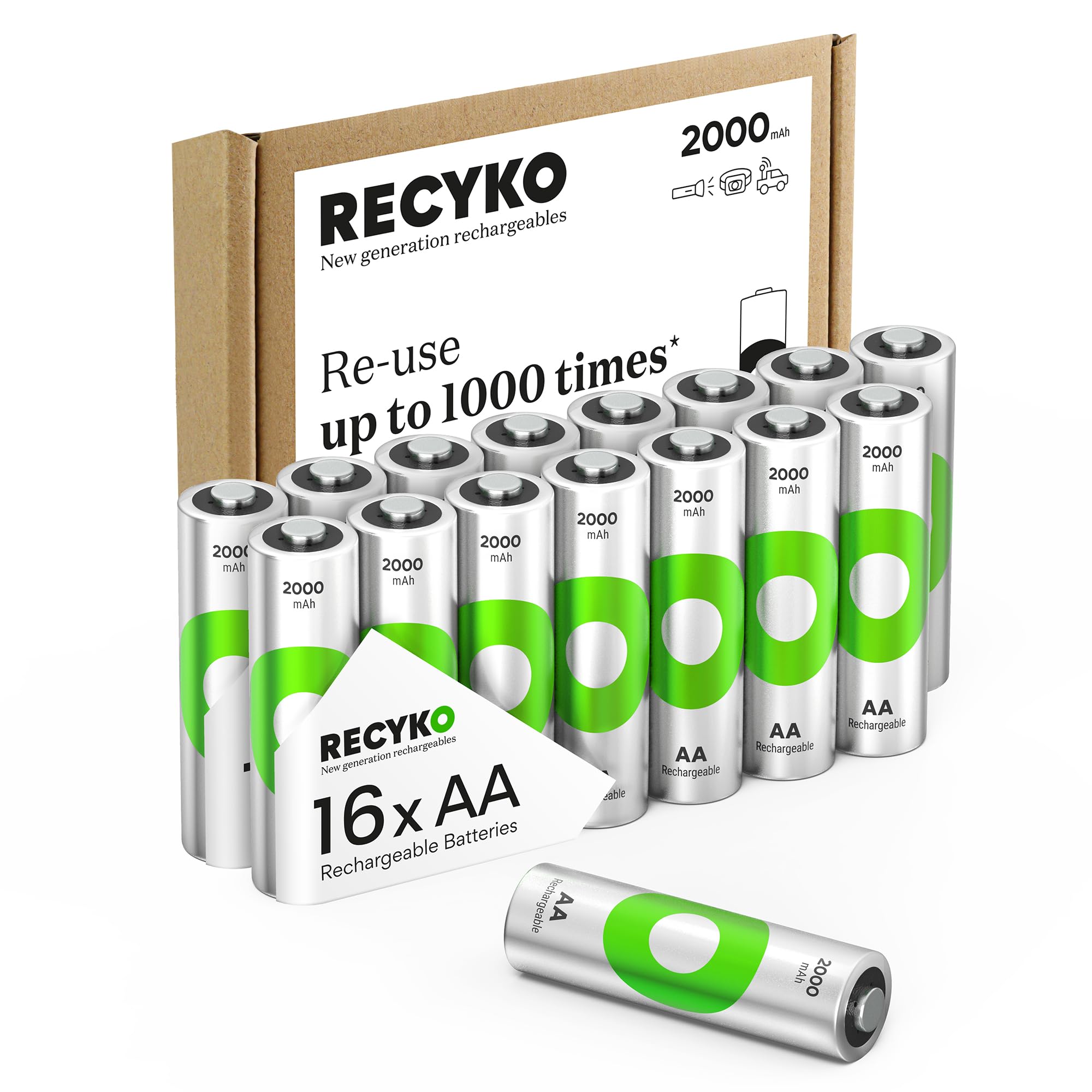 Rechargeable AA Batteries 2000mAh – Pre-Charged – Re-use 1000+ Times – Retains Power After 6 Years – Rechargeable NiMH Battery AA – Pack of 16
