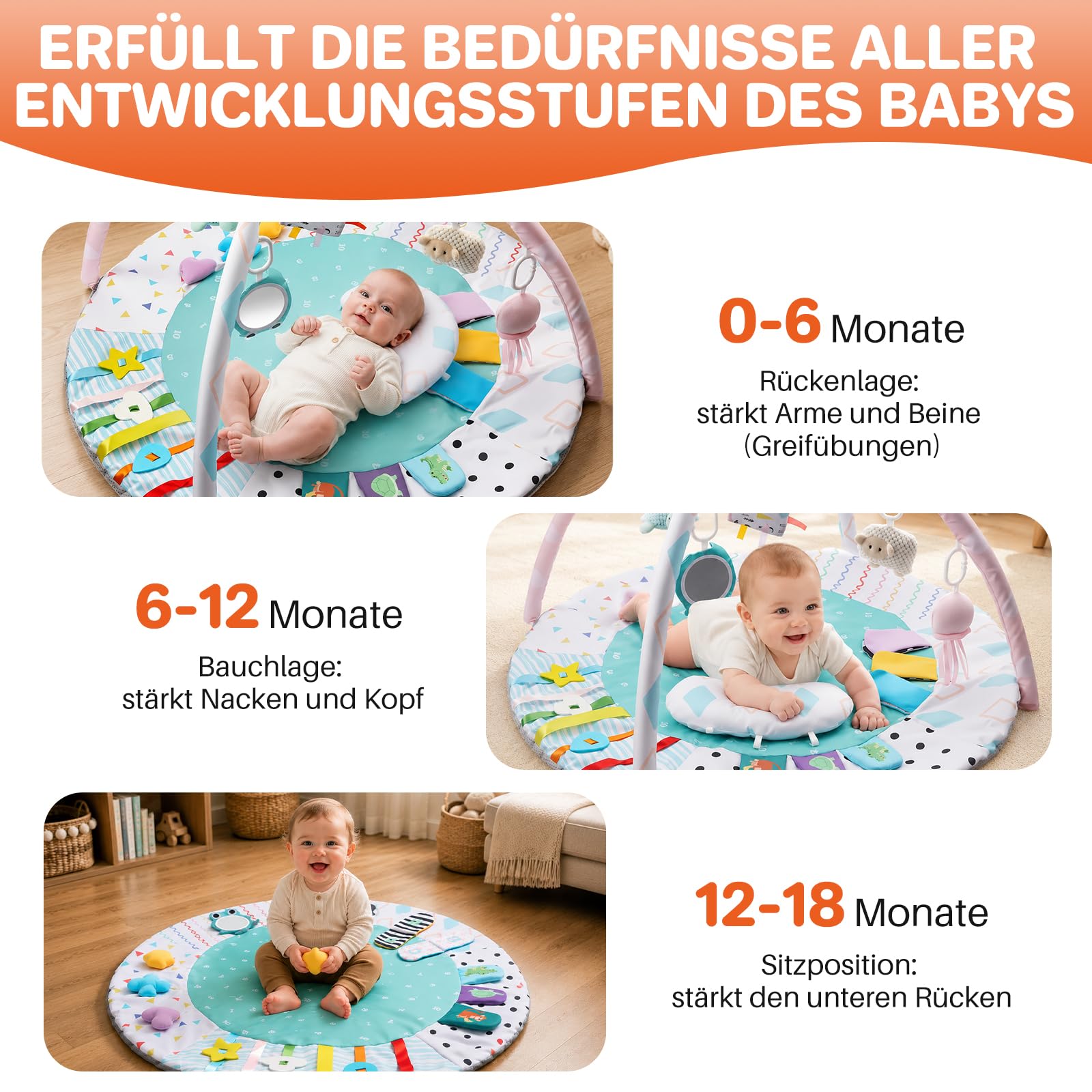 FUNYKICH Spielbogen Baby, Spieldecke Baby mit 6 Spielzeugen & Kissen, Rutschfeste Baby Gym für Babys von 0-18 Monaten, fördert Sinne & Motorik, zusammenklappbare Spielmatte ideales Geschenk für Babys