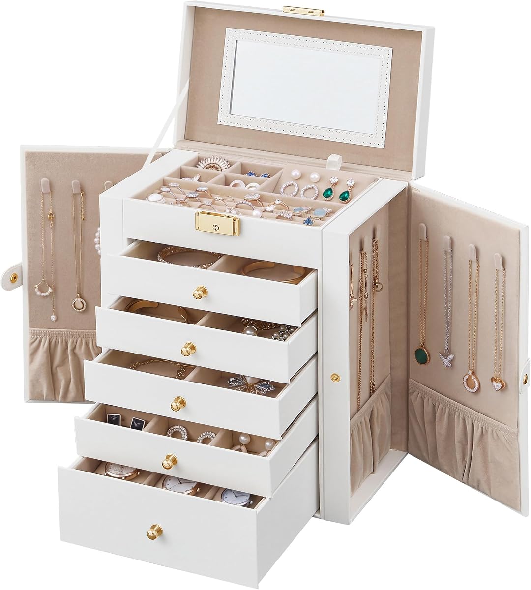SONGMICS HOME Joyero, Organizador Grande de 6 Niveles, Cuero PU, Blanco | Joyero de tela flocada, UJBC152W01, 10,4 x 6,3 x 12,8 pulgadas, almacenamiento de pendientes, regalos personalizados para mujeres, blanco