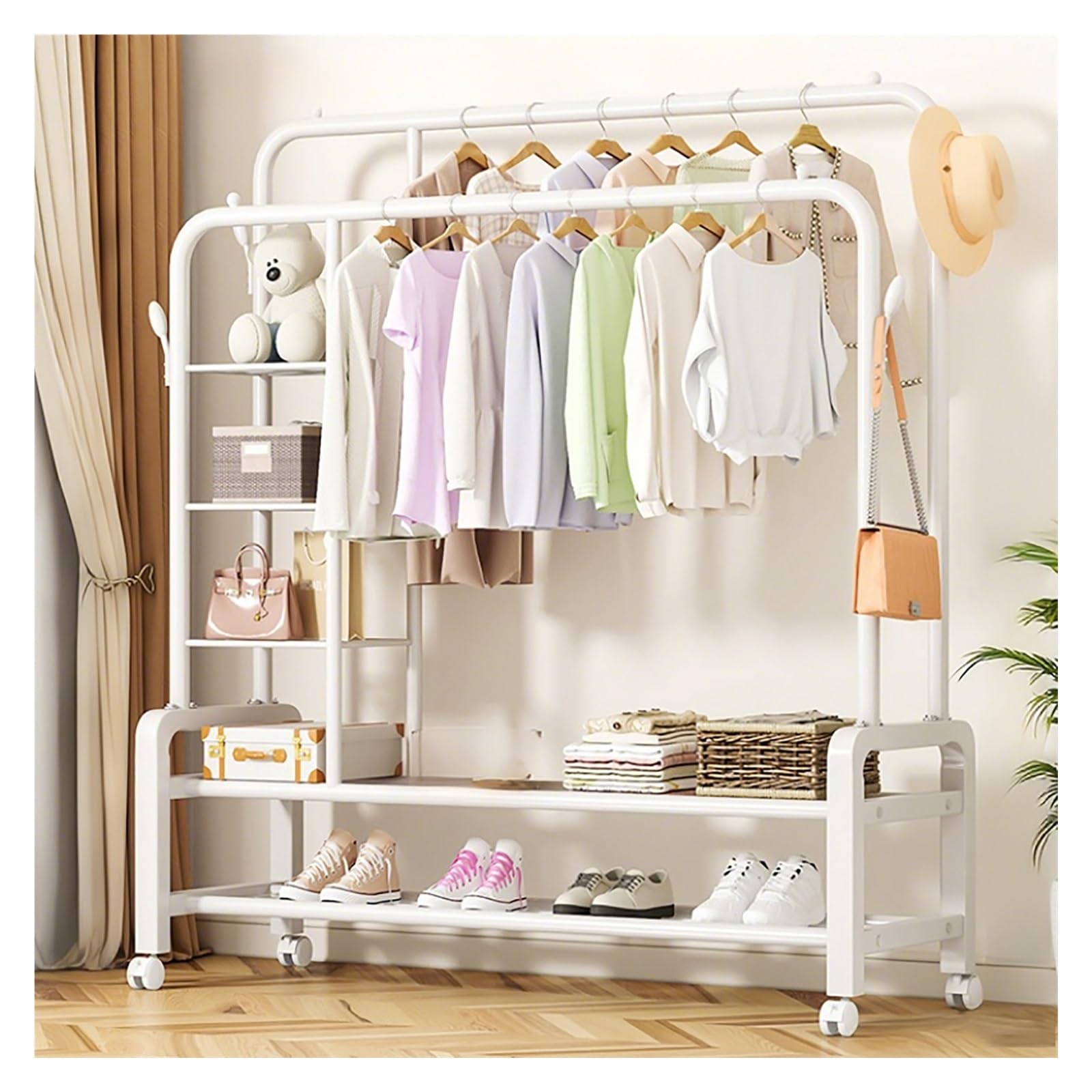 Lshtshf-ou Rolling Garment Rack With Wheels Double Rods Clothing Standing Metal Clothes Racks With Shelves Portable Wardrobe Sturdy(White,130cm/51.2in)