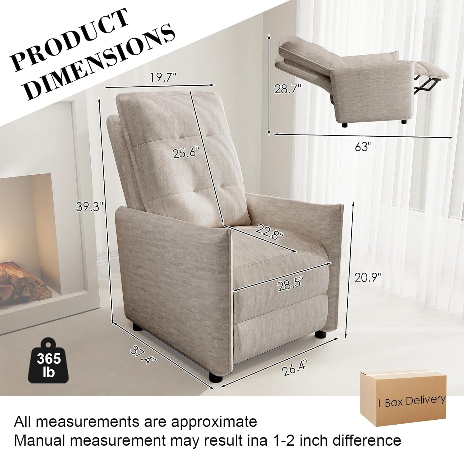 Chenille Fabric Recliner Chair for Adults – Manual Push Back Reclining Sofa with Sturdy Metal Frame, Overstuffed High-Density Foam & Adjustable Footrest for Living Room or Home Theater (Beige)