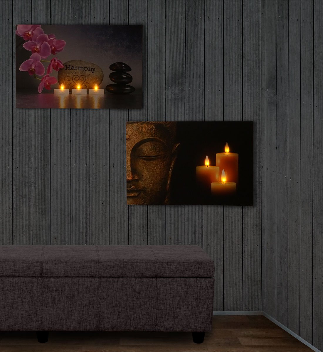 Mendler LED-Bild Leinwandbild Wandbild 40x60cm Timer Buddha flackernd 2er-Set