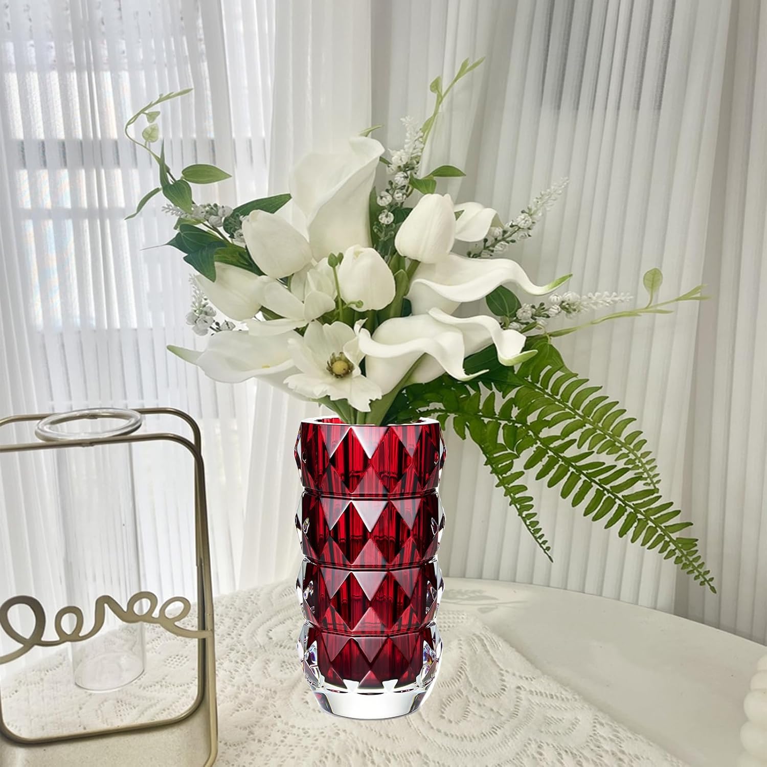 Heavy Duty Modern Crystal Glass Flower Vase - Handmade Red Round Glass Vase Decor for Wedding Party, Office, Living Room, Bedroom, Dining Table