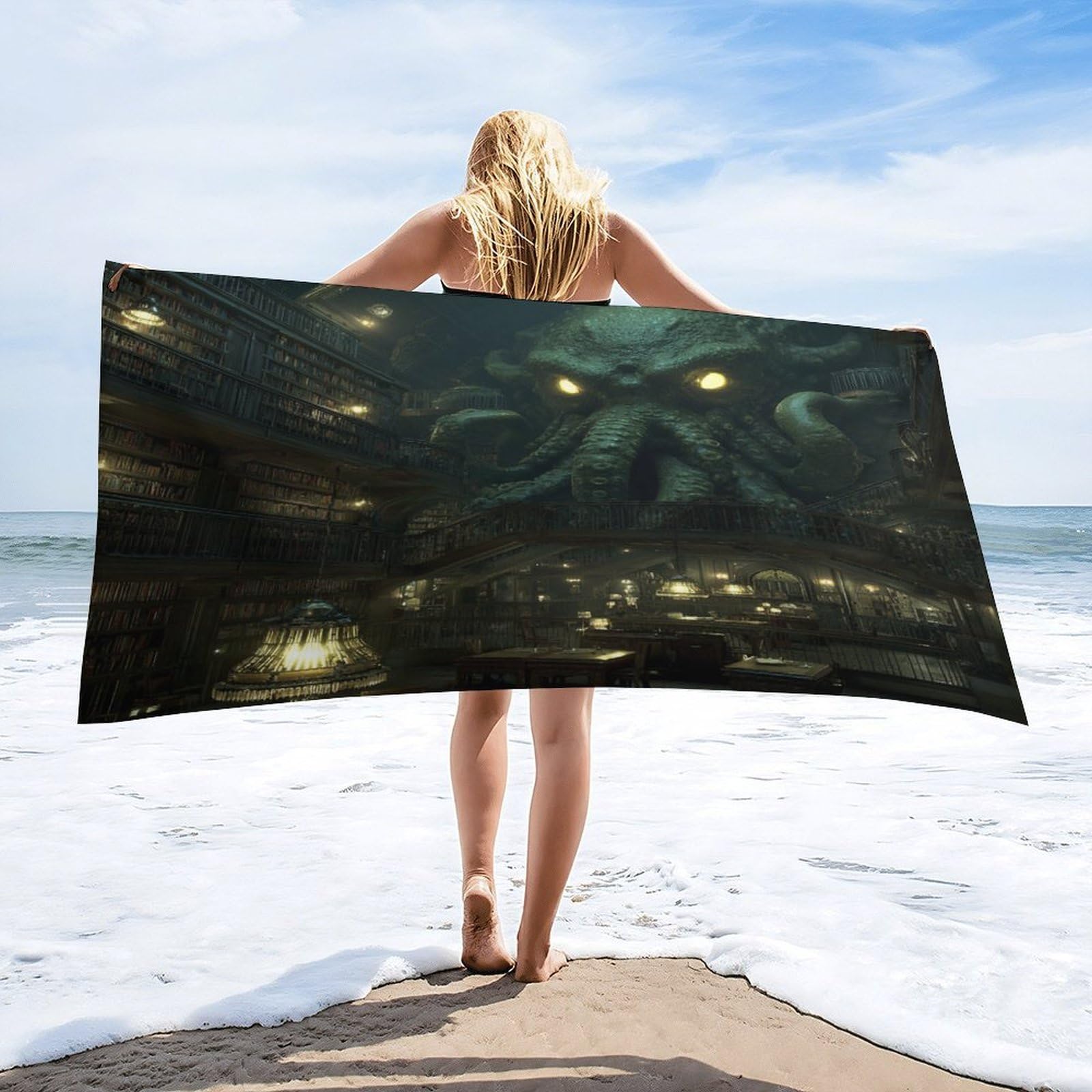 Luyysky Fantasy Rustic Sea Octopus Absorbent Beach Towel, Rustic Spooky Animal Octopus Library Bookshelves Outdoor Single-Sided Velvet Beach Towel-80 W Cm X 160" L Cm
